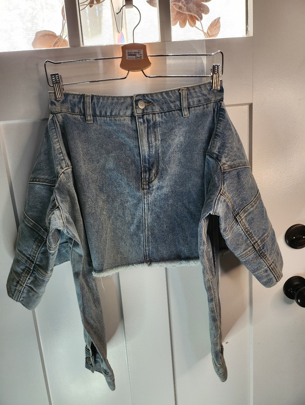 Washed Blue Denim Mini Skirt with Detachable Sleeve Panels